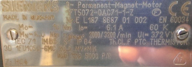 SIEMENS SERVO MOTOR, 1FT5072-0AC71-1-Z SIEMENS SERVO MOTOR, 1FT5072-0AC71-1-Z