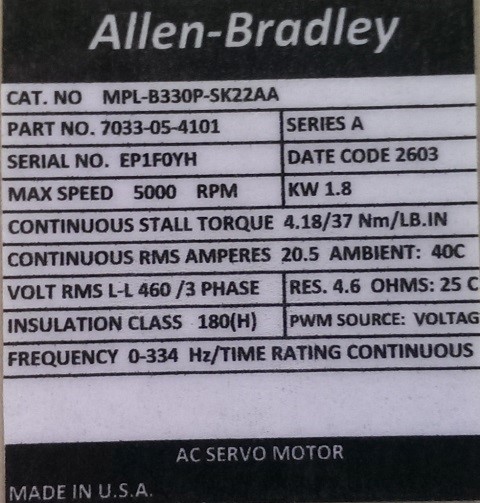 ALLEN BRADLEY SERVO MOTOR, MOD# MPL-B330P-SK22AA ALLEN BRADLEY SERVO MOTOR, MOD# MPL-B330P-SK22AA