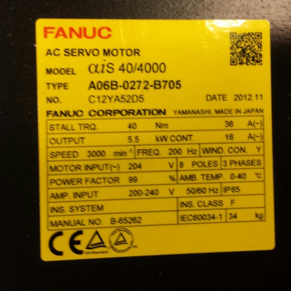 FANUC MOTOR, MOD# A06B-0272-B705 FANUC MOTOR, MOD# A06B-0272-B705