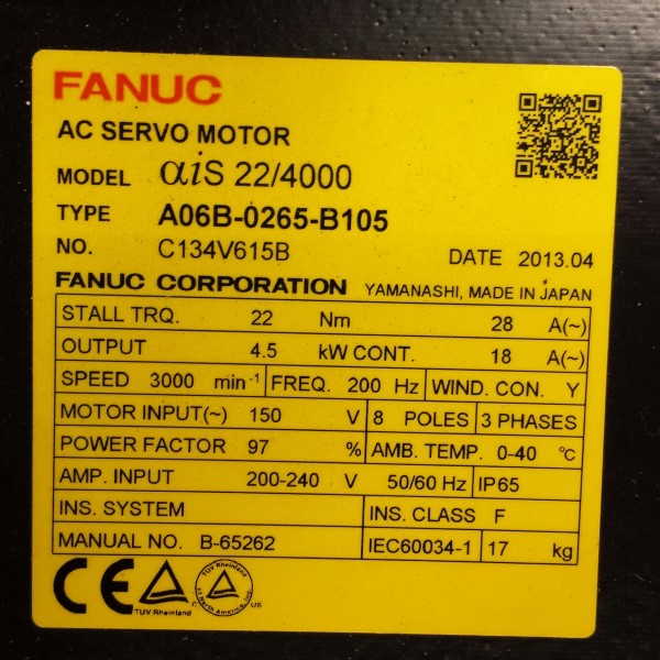 FANUC SERVO MOTOR, MOD# A06B-0265-B105 FANUC SERVO MOTOR, MOD# A06B-0265-B105