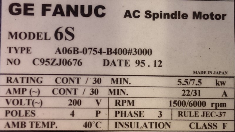 FANUC SPINDLE MOTOR, MOD# A06B-0754-B400#3000 FANUC SPINDLE MOTOR, MOD# A06B-0754-B400#3000