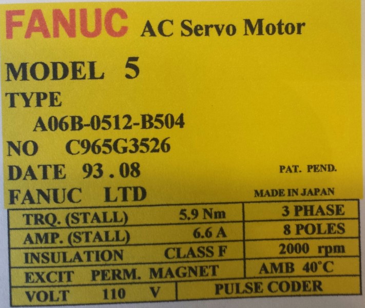 FANUC SERVO MOTOR, MOD# A06B-0512-B504 FANUC SERVO MOTOR, MOD# A06B-0512-B504
