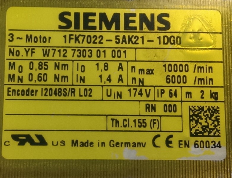 SIEMENS SERVO MOTOR, MOD# 1FK7022-5AK21-1DG0 SIEMENS SERVO MOTOR, MOD# 1FK7022-5AK21-1DG0