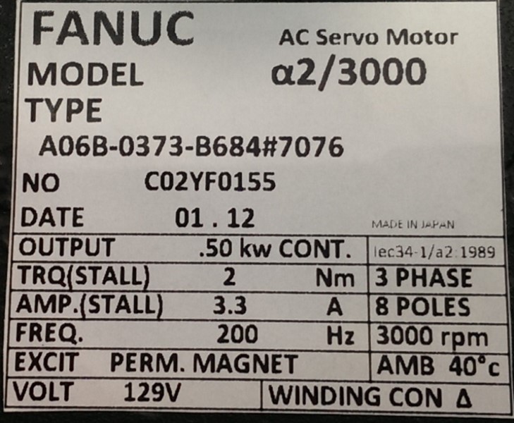 FANUC SERVO MOTOR, MOD# A06B-0373-B684#7076 FANUC SERVO MOTOR, MOD# A06B-0373-B684#7076