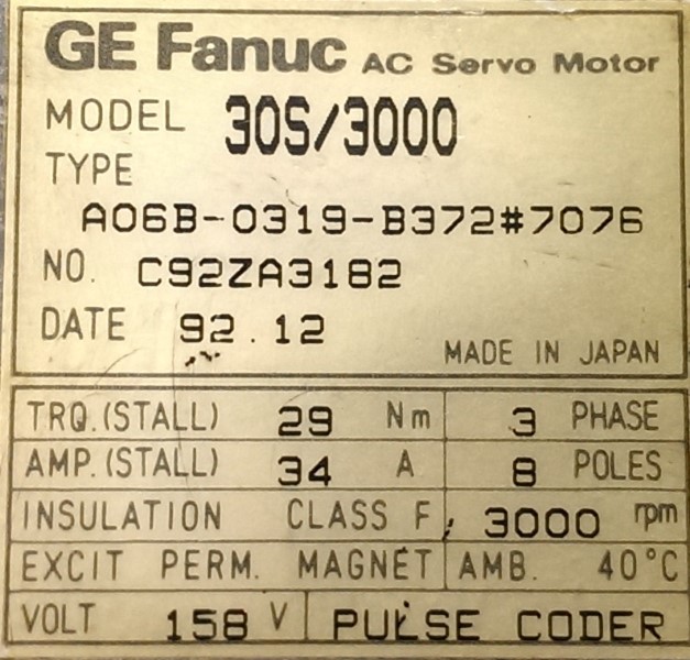 FANUC SERVO MOTOR, MOD# A06B-0319-B372#7076 FANUC SERVO MOTOR, MOD# A06B-0319-B372#7076