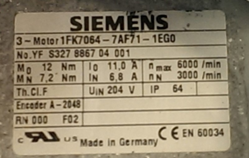SIEMENS SERVO MOTOR, MOD# 1FK7064-7AF71-1EG0 SIEMENS SERVO MOTOR, MOD# 1FK7064-7AF71-1EG0