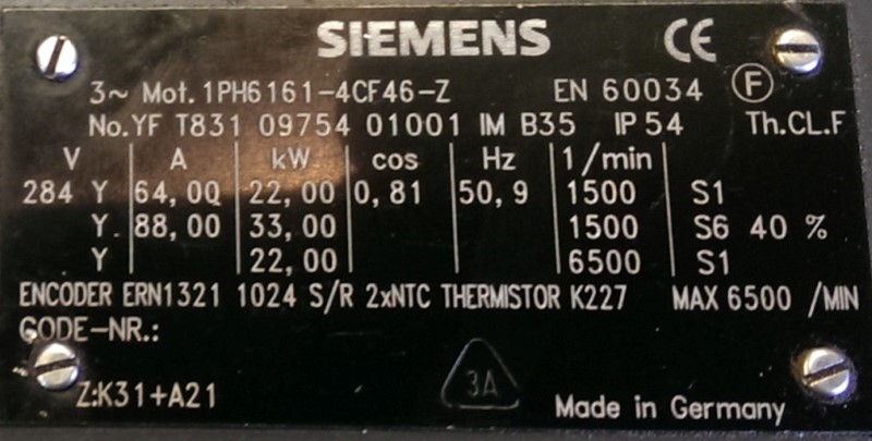 SIEMENS SPINDLE MOTOR, MOD# 1PH6161-4CF46-Z SIEMENS SPINDLE MOTOR, MOD# 1PH6161-4CF46-Z