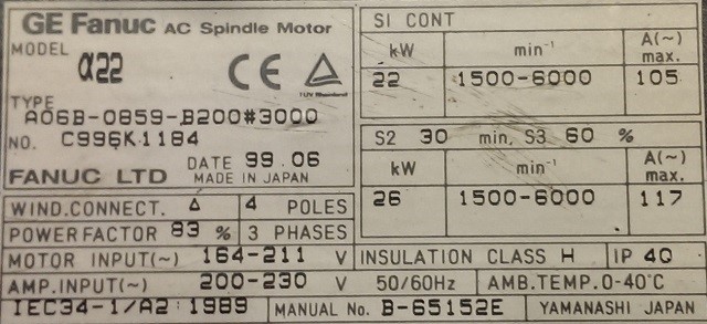 FANUC SPINDLE MOTOR, MOD# A06B-0859-B200#3000 FANUC SPINDLE MOTOR, MOD# A06B-0859-B200#3000