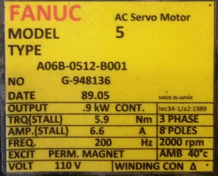 FANUC SERVO MOTOR, MOD# A06B-0512-B001 FANUC SERVO MOTOR, MOD# A06B-0512-B001
